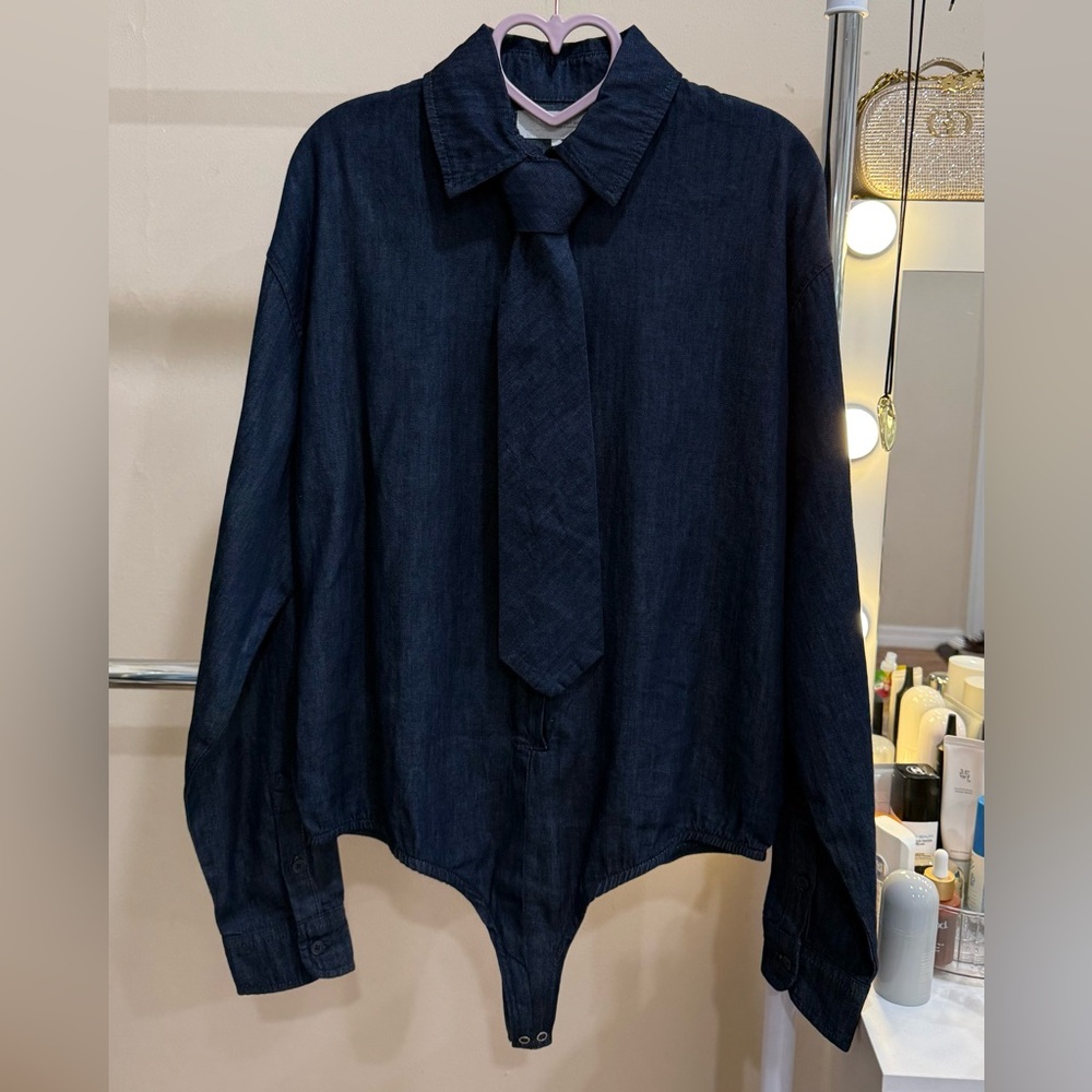 ZARA Denim Bodysuit Shirt with Tie – Size S – New With Tags